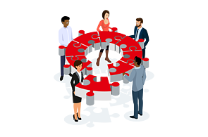 Prinzip 6 Teamspirit Infografik mit 5 Personen mit einem aus Puzzleteilen zusammengesetzten Kreis