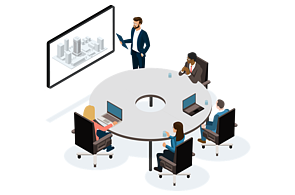 Infographic People around a conference table, moderator presents plan