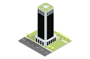 Prinzip 10 Betrieb Infografik Hochhaus mit Landeplatz auf dem Dach, in einem Park an einer Strasse
