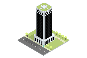 Infographic High-rise building with landing pad on the roof, in a park on a street