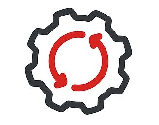 Two-color icon with two red arrows in a grey schematized gear wheel, indicating the direction of rotation