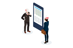 Infografik zwei Personen mit Züblin-Helm besprechen sich vor einem Planungschart
