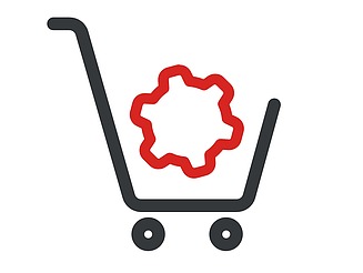 Two-tone icon with a red gear wheel in a grey stylized shopping cart