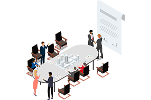 Infographic People around an oval conference table talking about a 3-D model, contract model in the backgroundim