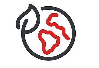 Two-color icon showing a schematized red representation of continents in a partially open grey circle, the line ends in a leaf 