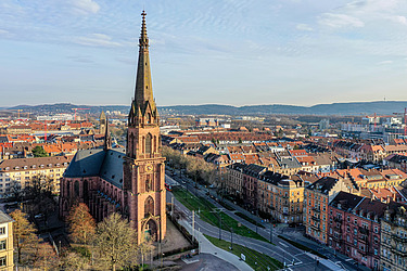View of Karlsruhe with the church of St. Bernhard in the foreground