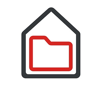 Two-color icon showing a red schematized file symbol in a grey outline in the shape of a house