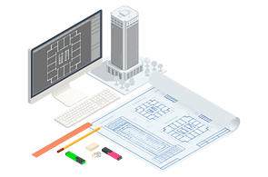 Infografik Bildschirmarbeitsplatz mit Plan, Stiften und 3-D-MOdell