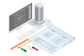 Infographic of computer workstation with plan, pens and 3D model