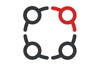 Two-color icon with three gray and one red circle element, which are connected to form a circle with Ve connecting elements