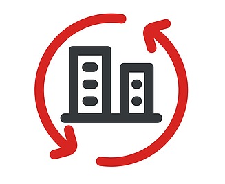 Zweifarbiges Icon mit schematisierten Gebäuden als Rechtecke, darum zwei kreisformige Pfeile gegen den Uhrzeigersinn