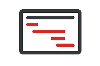 Zweifarbiges Icon mit einer schematisierten Darstellung eines Plans in rot und grau