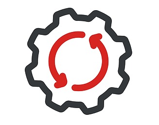 Zweifarbiges Icon mit zwei roten Pfeilen in einem grauen schematisierten Zahnrad, welche die Drehrichtung anzeigen