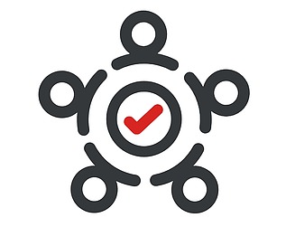 Zweifarbiges Icon fünf Kreissymbole auf einer äußeren Kreisline um ein Kreissymbol mit einem roten Haken