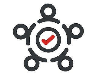 Zweifarbiges Icon fünf Kreissymbole auf einer äußeren Kreisline um ein Kreissymbol mit einem roten Haken