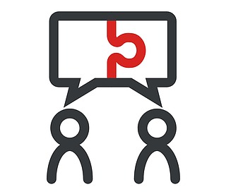 Zweifarbiges Icon zwei schematisierte Personen unter einer grauen Sprechblase mit einem roten Störer